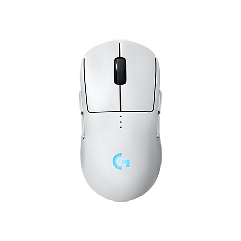Weisse Gaming-Maus mit schwarzem Scrollrad. Am unteren Ende leuchtet ein blaues 'G'.