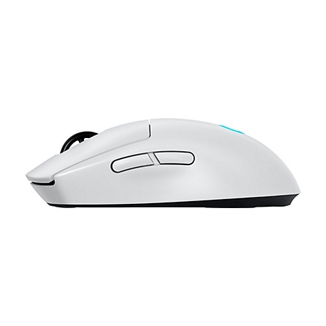 Weisse Gaming-Maus von der Seite. Auf der Oberseite sind zwei KnÃ¶pfe und ein Scrollrad zu sehen.