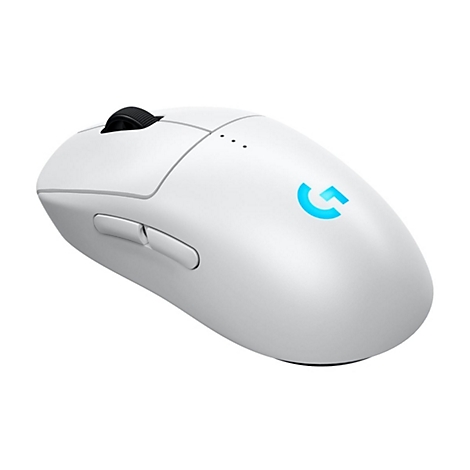 Weisse Gaming-Maus mit Scrollrad, zwei Seitentasten und blauem Logo auf hellem Hintergrund.