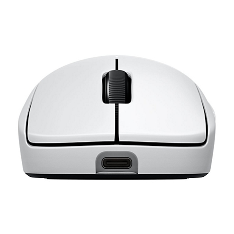 Weisse Computermaus mit schwarzem Scrollrad und USB-C Anschluss, vor weiÃŸem Hintergrund.