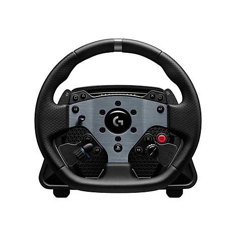 Ein schwarzes Lenkrad mit grauen Details, KnÃ¶pfen und Logo, das an ein Gaming-Lenkrad erinnert.