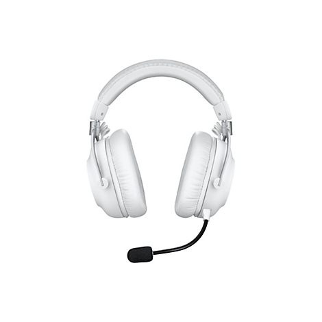 Casque de jeu blanc avec microphone sur fond blanc.