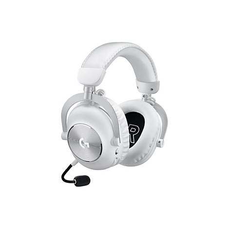 Casque de jeu blanc avec microphone, plan rapproché sur fond blanc.