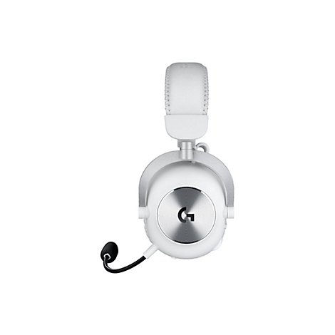 Casque de jeu blanc avec microphone sur fond blanc.