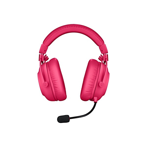 Ein pinkfarbener Kopfhörer mit Mikrofon vor weißem Hintergrund. Der Kopfbügel und die Ohrmuscheln sind gepolstert.