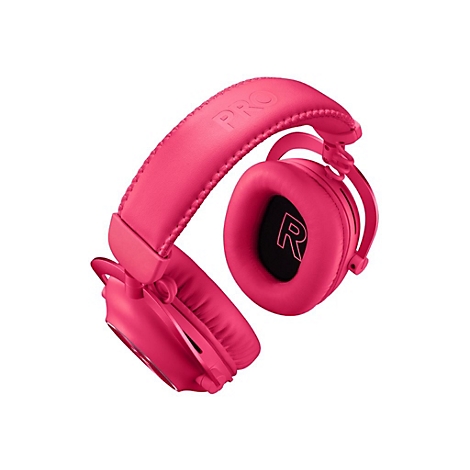Hellrosa Kopfhörer, Detailaufnahme. Das Wort "PRO" auf dem Bügel, ein großes "R" im Hörer.