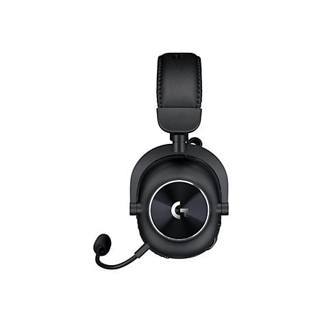 Schwarzes Gaming-Headset mit Mikrofon, Detailaufnahme, freigestellt auf weißem Hintergrund.