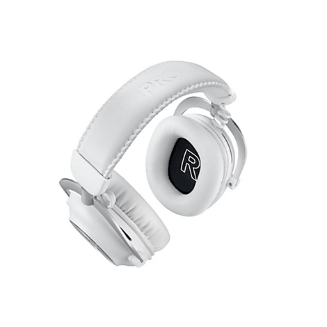 Weißes Headset, 'PRO'-Schriftzug auf dem Bügel, 'R' auf Ohrpolster.