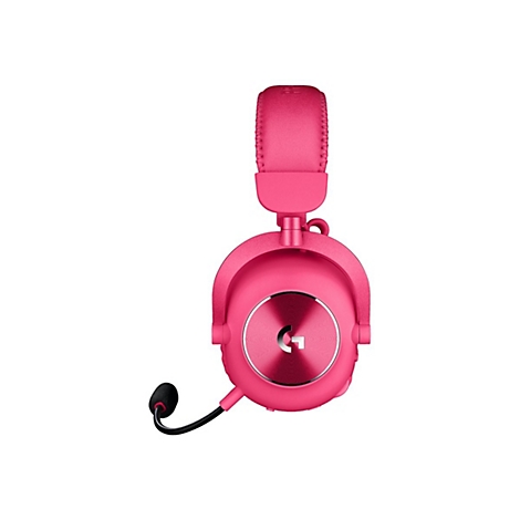 Ein pinkes Gaming-Headset mit Mikrofon auf weißem Hintergrund. Auf den Ohrmuscheln ist das Logo des Herstellers zu sehen.