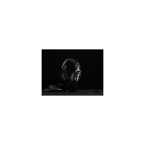 Casque de jeu noir avec microphone sur un support, à côté d'un seul coussinet d'oreille.