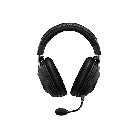 Schwarzes Gaming-Headset mit Mikrofon auf weißem Hintergrund.