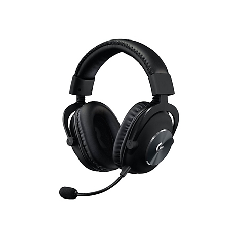 Schwarzes Gaming-Headset mit Mikrofon, Detailaufnahme vor weißem Hintergrund.