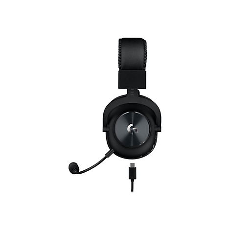Schwarzes Gaming-Headset mit Mikrofon und USB-C-Anschluss, Frontalansicht.