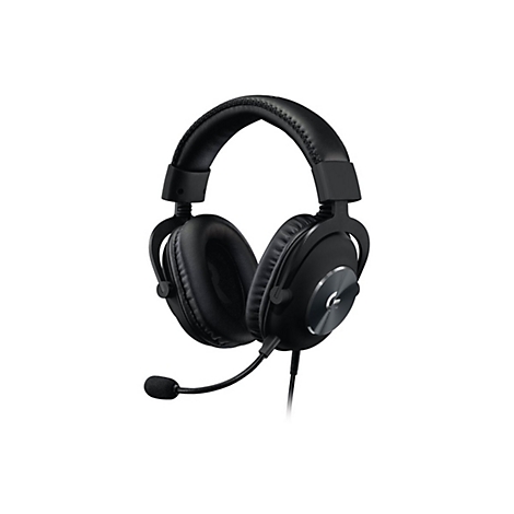 Schwarzes Gaming-Headset mit Mikrofon auf weißem Hintergrund. Sichtbar sind Ohrpolster, Bügel und ein Mikrofon.