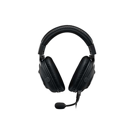 Schwarzes Gaming-Headset mit Mikrofon auf weißem Hintergrund.