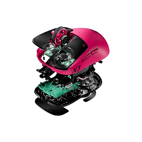 Explosionsdarstellung einer pinken Gaming-Maus mit sichtbarem Innenleben, Platinen und mechanischen Komponenten.