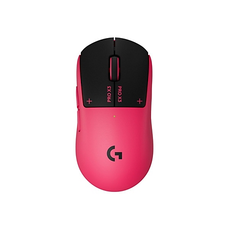 Draufsicht auf eine pinke Logitech G Pro X3 Gaming-Maus mit schwarzem Tastenfeld auf weißem Hintergrund.
