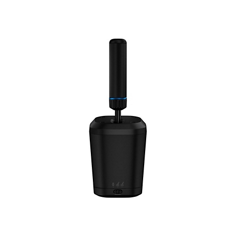 Schwarzes Produkt mit einer Antenne, blaue Akzente.