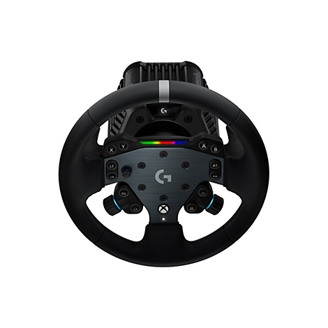 Schwarzes Logitech Gaming-Lenkrad mit LED-Anzeige und Xbox-Tasten auf neutralem Hintergrund.
