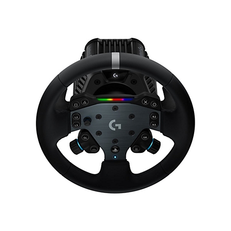 Schwarzes Logitech G Rennlenkrad mit Tasten, LCD-Display und PlayStation-Logo vor weißem Hintergrund.