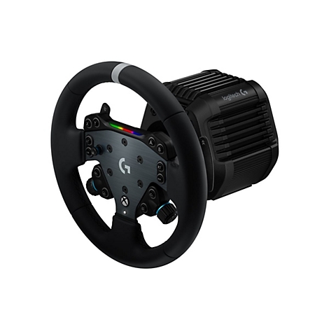 Logitech Rennlenkrad mit schwarzem Kranz, Bedienelementen und Motorblock vor weißem Hintergrund.