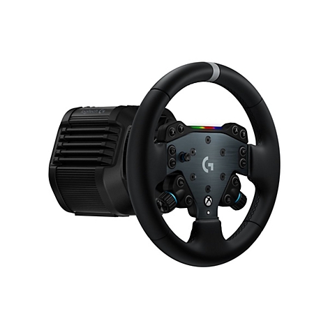 Schwarzes Logitech G Rennlenkrad mit Xbox-Tasten und Basis vor weißem Hintergrund.