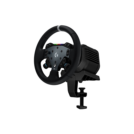 Schwarzes Logitech Gaming-Lenkrad mit Befestigungsklemme vor weißem Hintergrund.