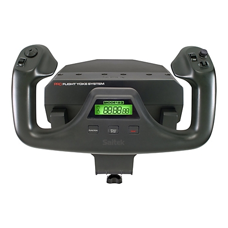 Un système Pro Flight Yoke noir avec deux poignées et un écran. L'écran affiche "88.88.88".