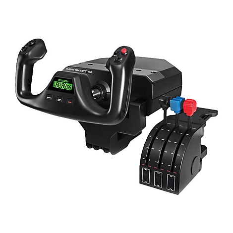 Système de yoke de simulation de vol noir avec joystick, leviers et affichage numérique. Sur fond blanc.