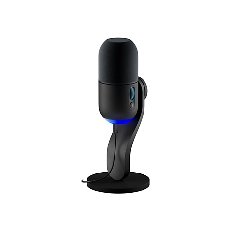 Microphone noir avec une tête arrondie et une lumière bleue à la base. Il repose sur un support rond.
