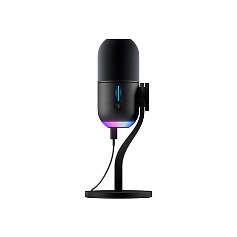 Microphone noir sur fond blanc. Recouvert de tissu en haut, en dessous une bande LED.