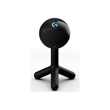 Haut-parleur noir avec logo G, sur un support à trois pieds.