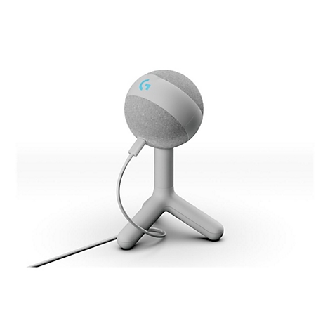 Grauer, kugelförmiger Lautsprecher auf einem dreibeinigen Ständer, mit einem Kabel.