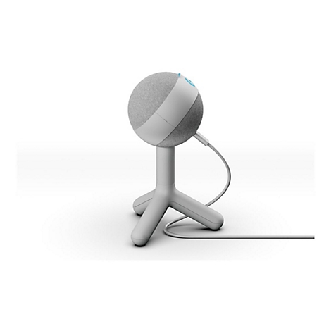 Kugel-Lautsprecher auf Dreibein-Ständer, mit Ladekabel. Oben blaues Licht.