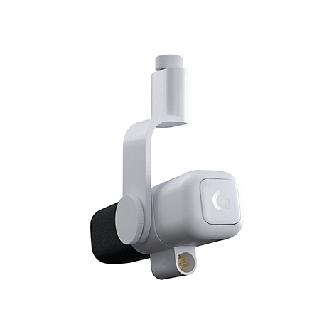 Un microphone blanc avec le logo Logitech, fixé à un support avec de la mousse noire.