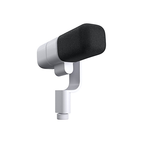 Un microphone blanc avec un capuchon en mousse noir.