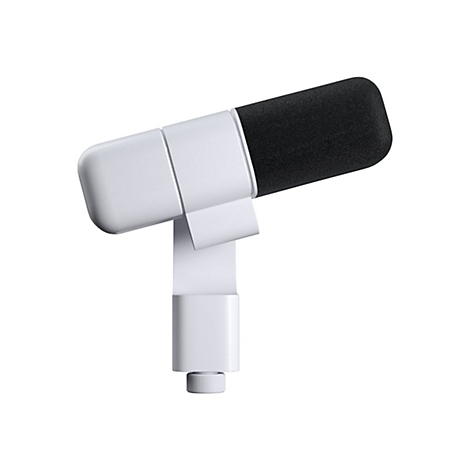 Microphone blanc avec bonnet en mousse noir, isolé sur fond blanc.