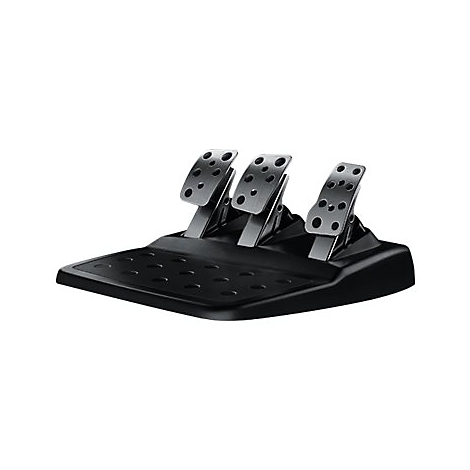 Schwarze Pedale mit drei Metallplatten und Löchern auf schwarzer Basis. Für Gaming.