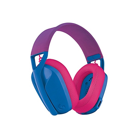 Casque bleu et rose avec bandeau violet, sur fond blanc.