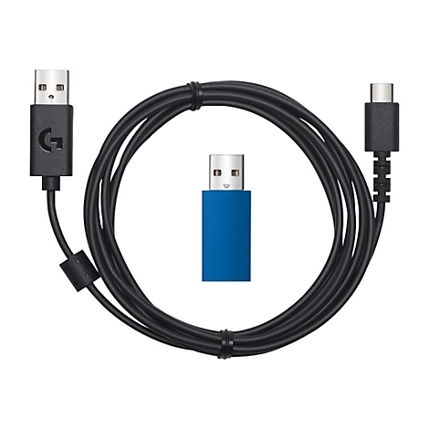 Câble USB et récepteur pour souris sans fil. Le câble est noir, le récepteur bleu.