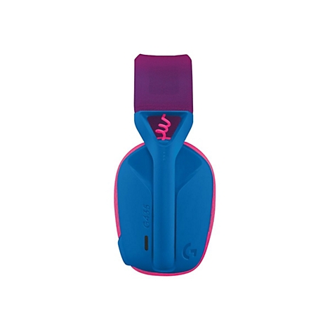 Casque de jeu G435 bleu et rose, vu de dos. Bandeau violet, bords de coussinets roses, écouteurs bleus. Inscription : G435.