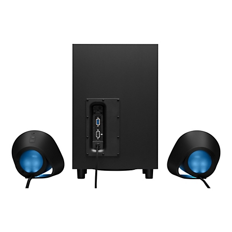 Schwarzes Lautsprechersystem mit Subwoofer und zwei Satelliten. Die Satelliten haben blaue Lichteffekte. Rückseite mit Anschlüssen.
