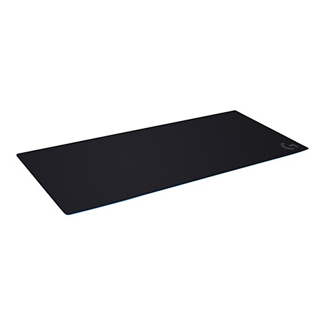 Tapis de souris noir avec bord bleu et logo Logitech.