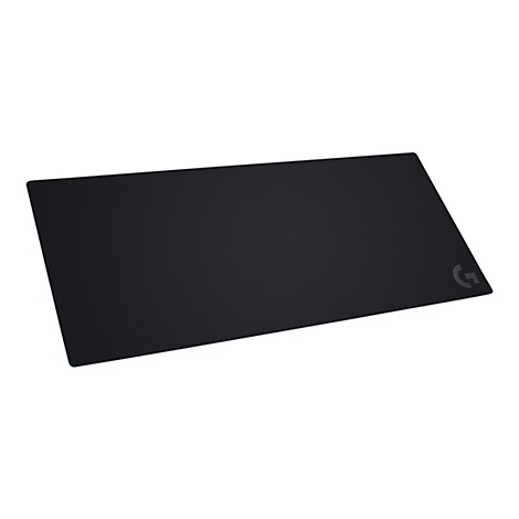 Tapis de souris noir avec logo dans le coin. Forme rectangulaire.