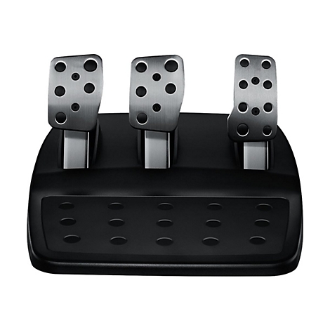 Detailaufnahme von drei Pedalen einer Lenkrad-Konsole. Die Pedale sind aus Metall und mit Löchern versehen, auf einer schwarzen Kunststoffbasis angebracht.