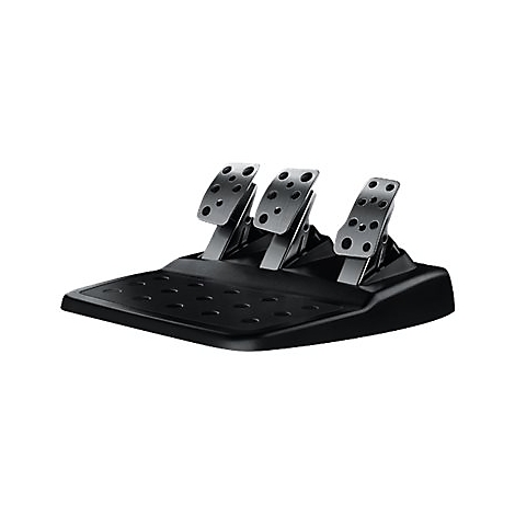 Schwarze Pedale für Rennspiele. Drei Pedale aus Metall mit Löchern. Schwarze Fußplatte mit Lochstruktur.