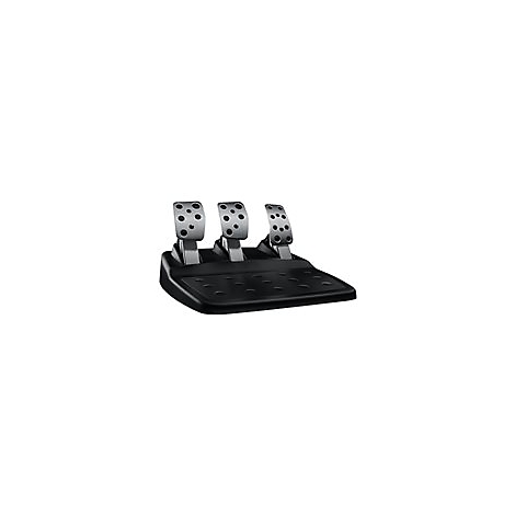 Ein schwarz-silbernes Pedal-Set, bestehend aus Gas-, Brems- und Kupplungspedal, vor weiÃŸem Hintergrund.