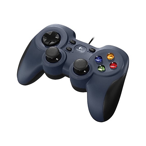 Manette Logitech bleu foncé avec boutons, manettes et câble sur fond blanc.