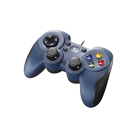 Blauer Gamecontroller mit Knöpfen, Sticks und Logo.