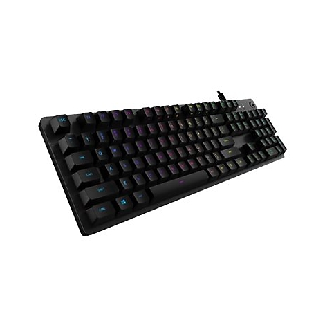 Schwarze mechanische Gaming-Tastatur mit RGB-Beleuchtung auf weißem Hintergrund.